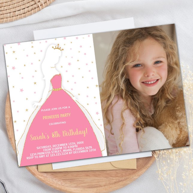 Foto Glitter Rosa Princess Birthday Investigations Inbjudningar (Photo Glitter Pink Princess Birthday Invitations)
