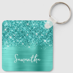 Foto Glittrig Teal Turkos Glam Skriptnamn Nyckelring