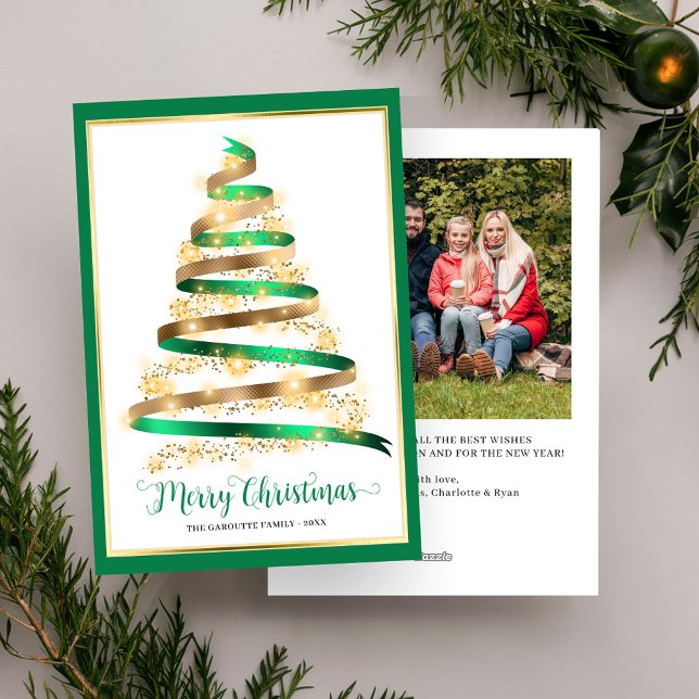 Foto god jul Grönt Guld Träd Julkort (Merry Christmas Green Gold Tree Photo Holiday Card)