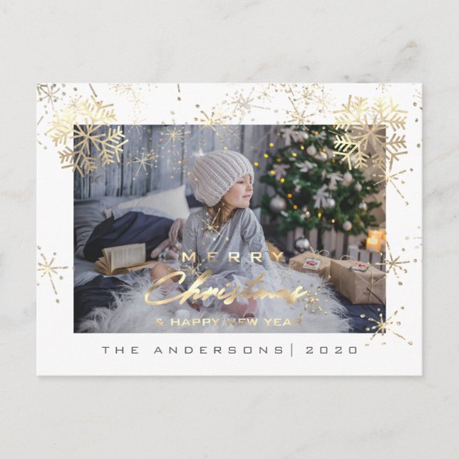 Foto god jul Lycklig år Guld Snöflingor Vykort (Framsida)
