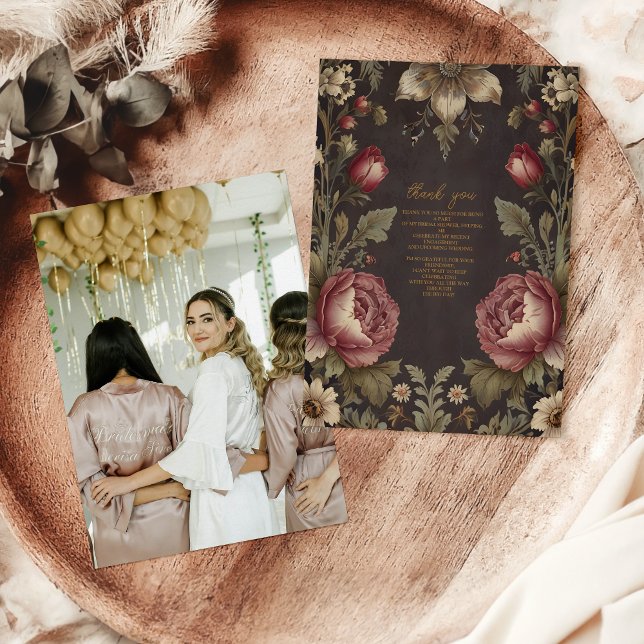 Foto Goth Floral Viktoriansk Bröllopsfest Tack Kort (Skapare uppladdad)