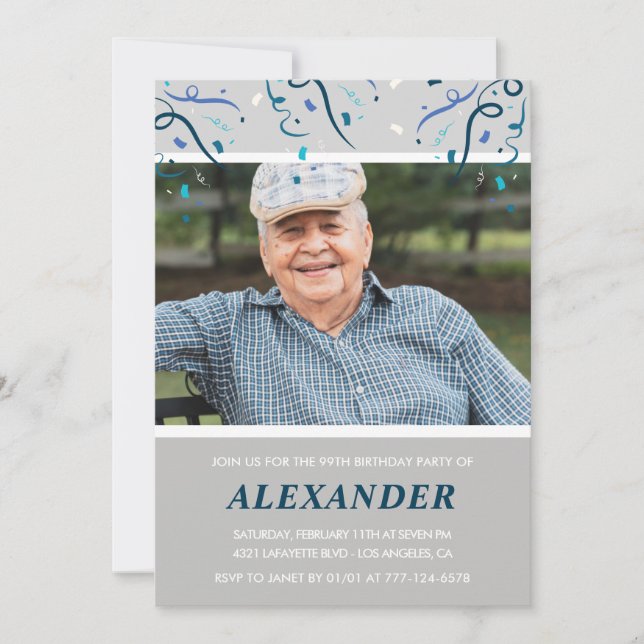 Foto Grå för honom Konfetti 99-årsdag Inbjudningar (Framsida)