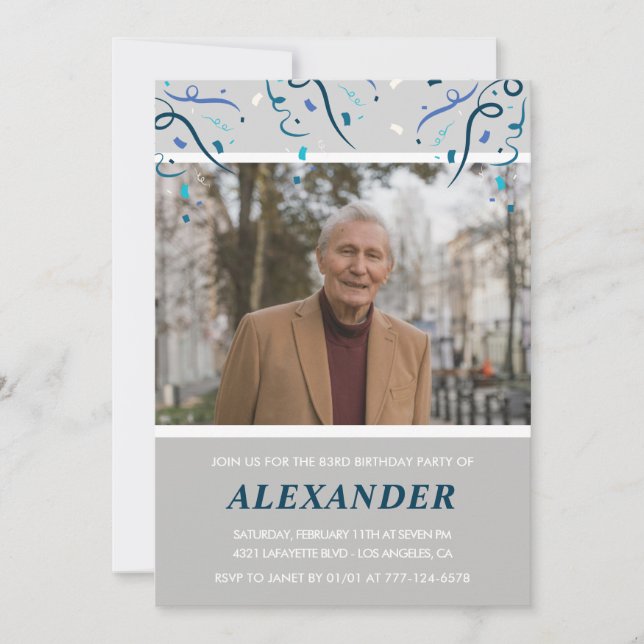 Foto Grått för honom Konfetti 83-årsdag Inbjudningar (Framsida)