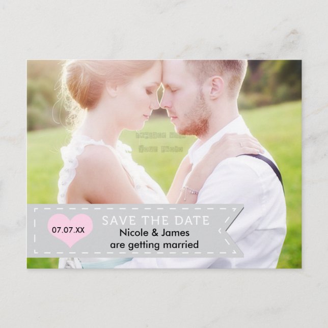 FOTO Grått & Rosa bander SAVE THE DATE vykort (Framsida)