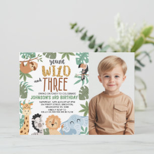 Foto Grön Brun Ung Vild Tre 3-års Födelsedag Inbjudningar