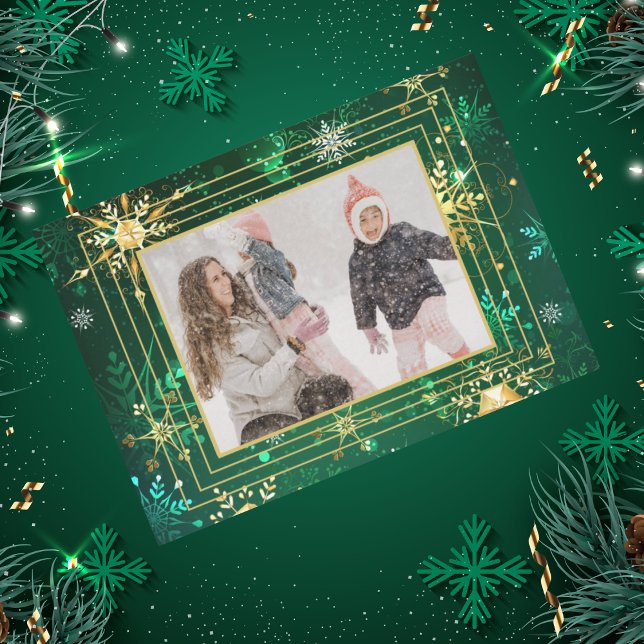 Foto Grön Guld Snöflinga Xmas Jul Högtid  Julkort (Skapare uppladdad)
