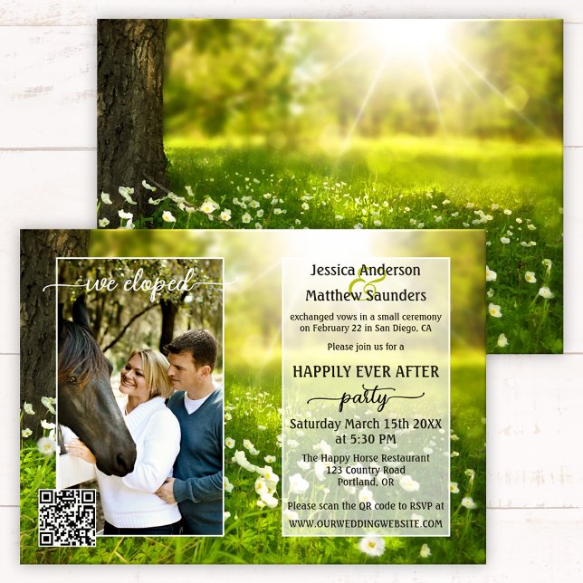 Foto Grön Vår Script Land Post Bröllop Inbjudningar (Happily ever after wedding invitation with your photo framed on a spring meadow with flowers - QR)