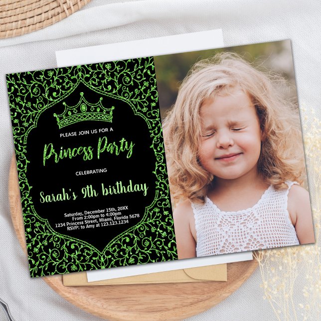 Foto Grönt Glitter Princess Birthday Bjud Inbjudningar (Photo Green Glitter Princess Birthday Invitations)