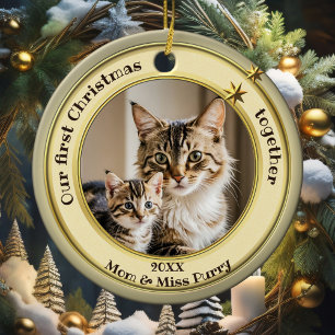 Foto Grönt Guld Första Julen Tillsammans Katt Julgransprydnad Keramik