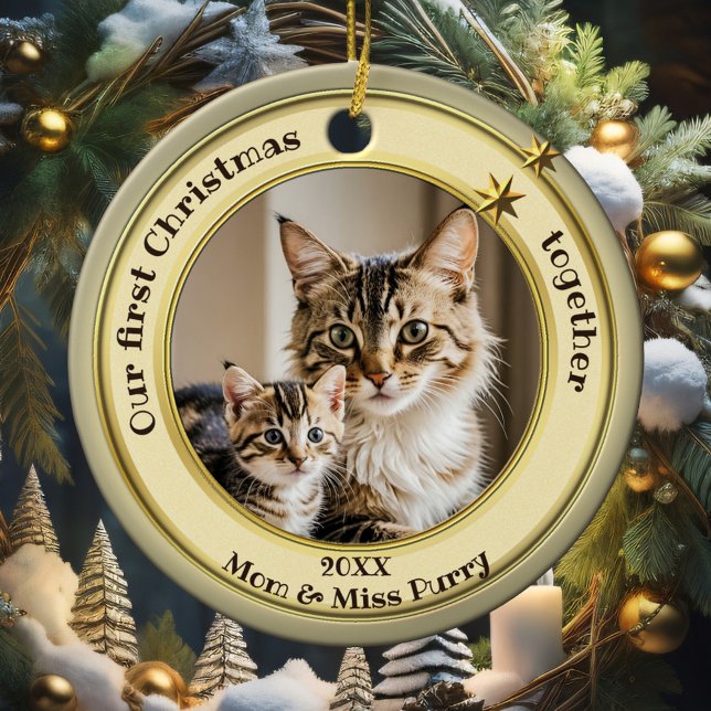 Foto Grönt Guld Första Julen Tillsammans Katt  Julgransprydnad Keramik (Elegant ornament featuring your custom photo framed by a pastel green gold design with stars)