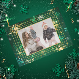 Foto Grönt Guld Snöflinga Jul Julfirande  Julkort