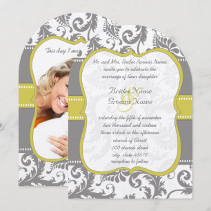 Foto gul & grå vintage damask bröllopsinbjudan inbjudningar