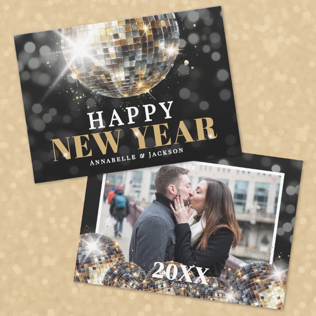 Foto Guld Gott Nytt År Julkort (Photo Black Gold Happy New Year Holiday Card
)