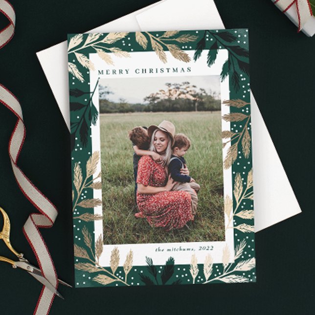 Foto guld Grenar God jul 3 Foto Julkort (Elegant green and gold branch 3 photo christmas holiday card.)