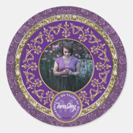 Foto Guld Klassisk Damask Minnes- Purpur Runt Klistermärke