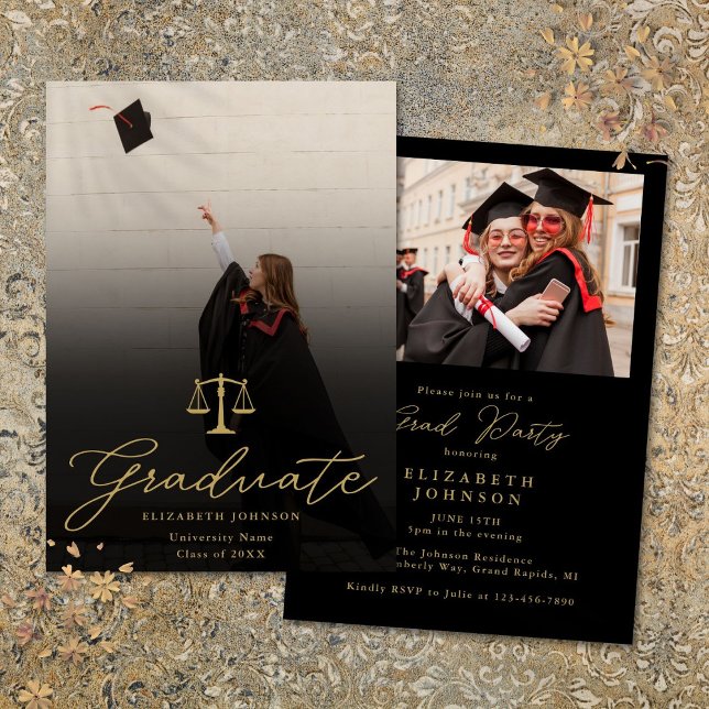 Foto Guld Script Juristexamen Fest Inbjudningar (Photo Gold Script Law School Graduation Party Invitation)
