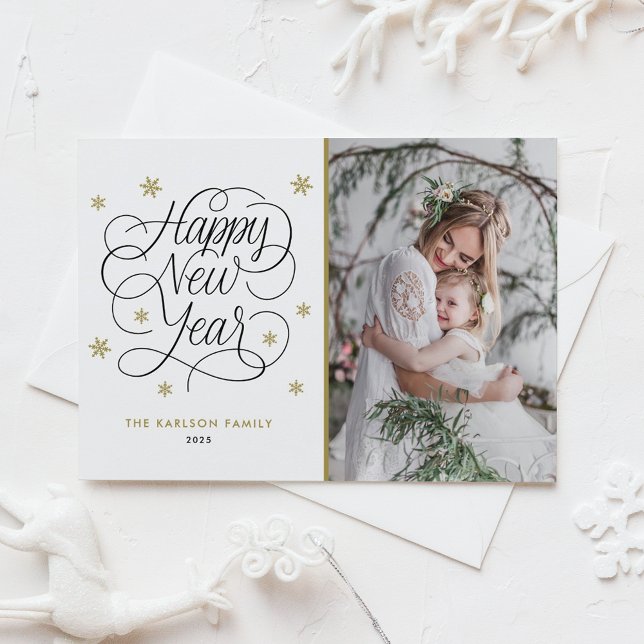 Foto guld Snöflingor Gott nytt år Julkort (Gold Snowflakes Happy New Year Photo Holiday Card)