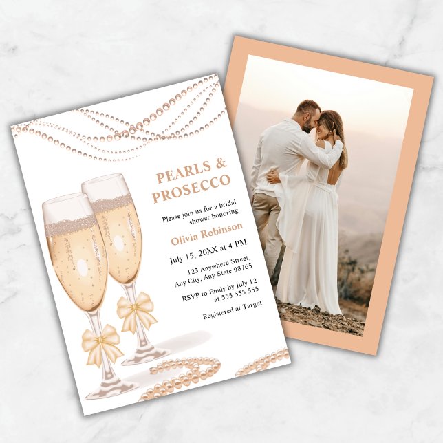 Foto Guldslinga Pärlor och Prosecco Bröllopsfest Inbjudningar (Photo Elegant Gold Bow Pearls and Prosecco Bridal Shower Invitation )