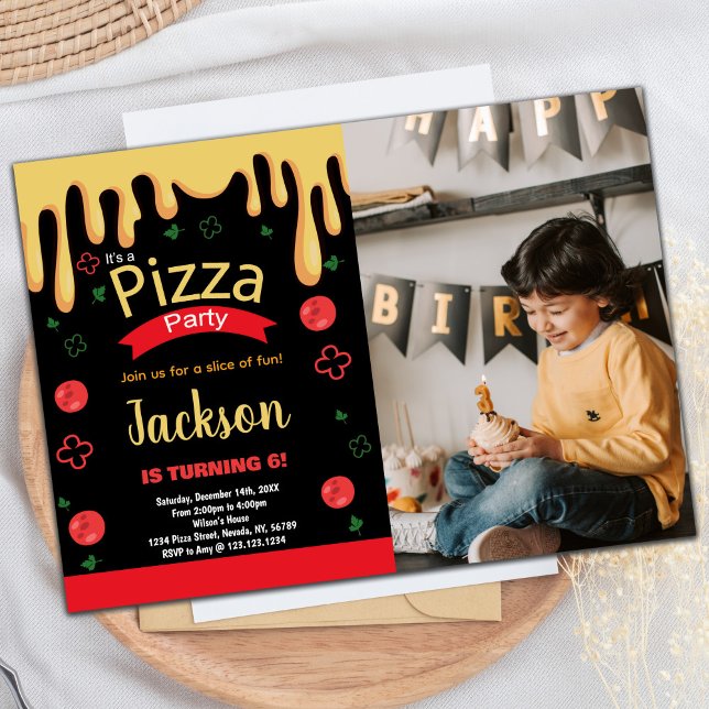 Foto Gult Red Grönt Pizza Birthday-inbjudningar Inbjudningar (Photo Yellow Red Green Pizza Birthday Invitations)