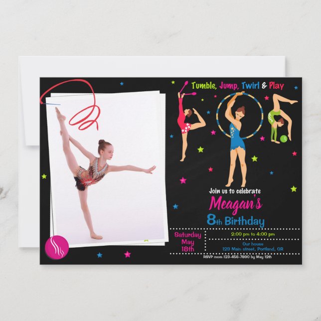 Foto Gymnastics födelsedagsinbjudan Flickor tumlar Inbjudningar (Framsida)