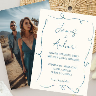 Foto hand plockade Linjer Teal Blue Bröllop Spara Datumet