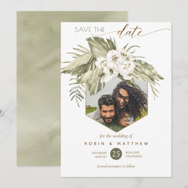 Foto, Handflatan Löv Blommigt Grönt  Vattenfärg Spara Datumet (Fram/baksida)