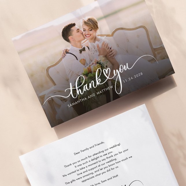 Foto Handskriven Bröllop Tackkort (Wedding Photo Couples Elegant Script Thank You Card)