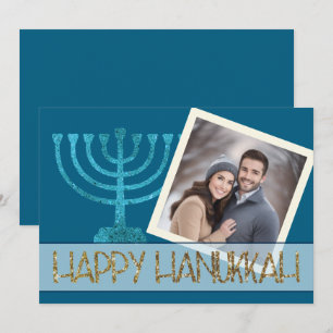 Foto Hanukkah Blå Vit Guld Menorah Glitter Julkort