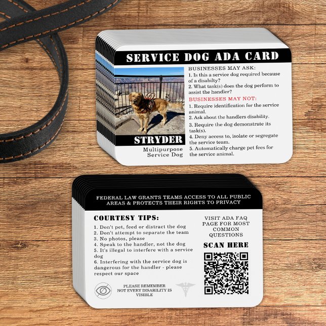Foto-ID för multifunktionstjänstkort med Hund-ID m Visitkort (Custom service dog cards for teams to hand out for public access according to ADA law small for bags)