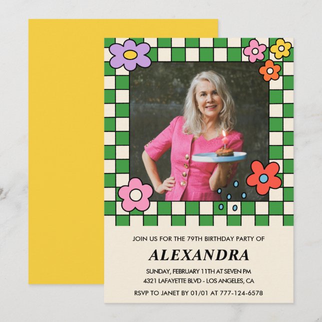 Foto inbjudan till 79-årsdag Retro Groovy Blommig (Fram/baksida)