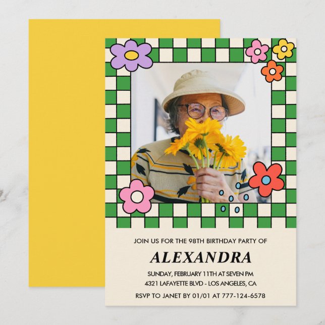 Foto inbjudan till 98-årsdag Retro Groovy Blommig (Fram/baksida)