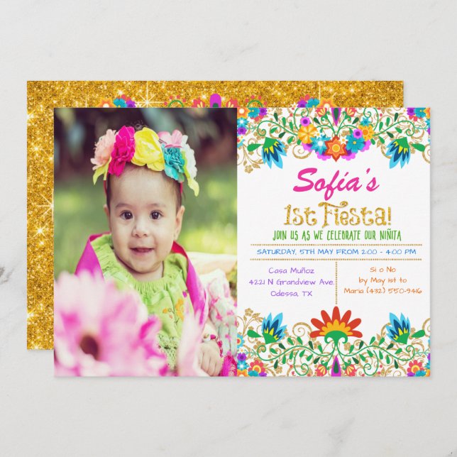 FOTO - inbjudan till Fiesta 1:a födelsedag Glitter (Fram/baksida)