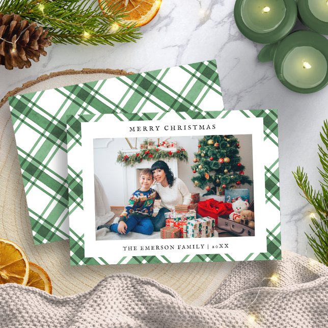 Foto Jul Rutig Platt Högtidskort Julkort (Photo Christmas Plaid Flat Holiday Card
)