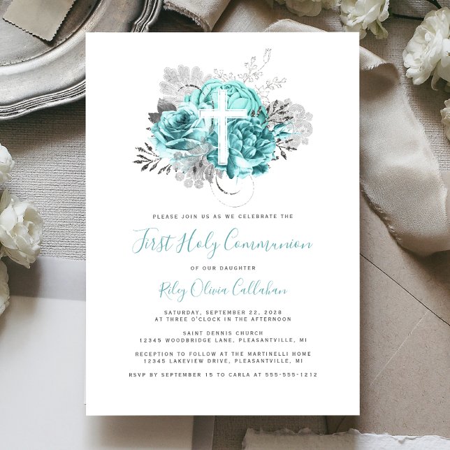 Foto Kor Aqua Silver Blommigt First Communion Inbjudningar (Skapare uppladdad)