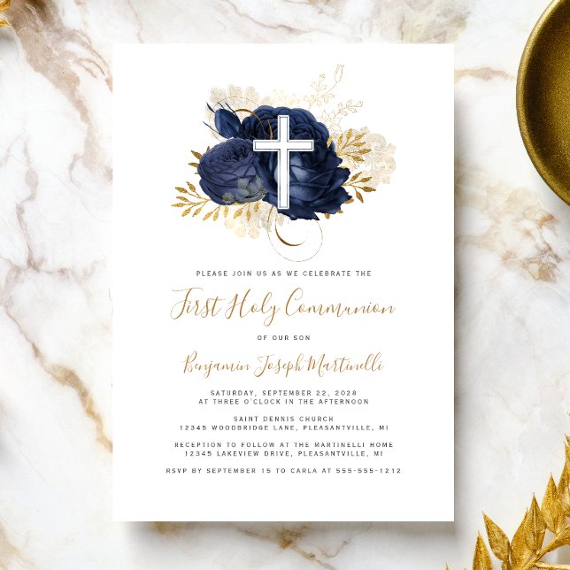 Foto Kor Navy Blue Guld Blommigt First Communion Inbjudningar (Skapare uppladdad)