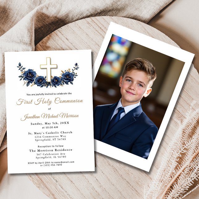 Foto Kor Navy Blue Guld Blommigt First Communion Inbjudningar (Skapare uppladdad)
