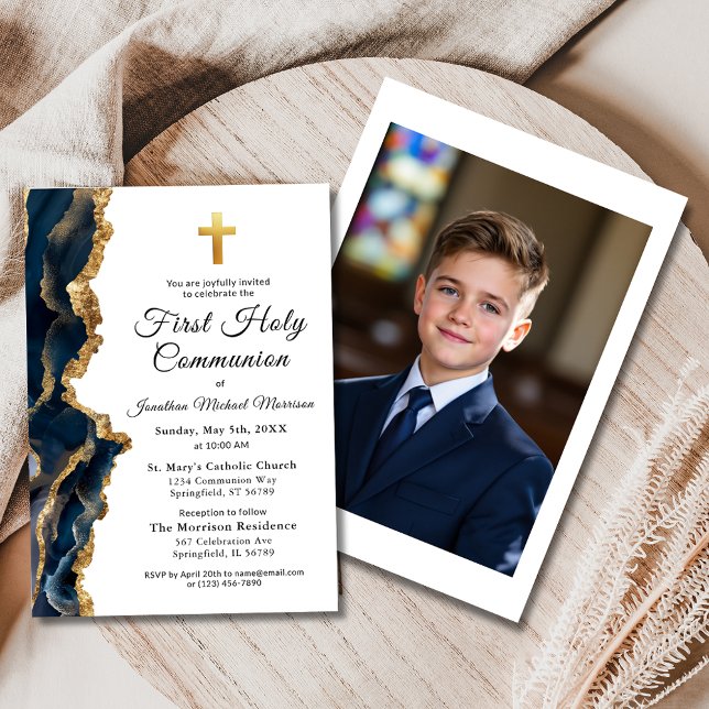 Foto Kor Navy Blue Guld First Communion Inbjudningar (Skapare uppladdad)