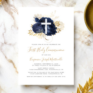 Foto Kors Navyblå Guld Blommig Första Kommunion Inbjudningar