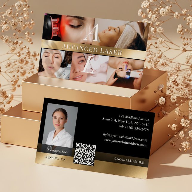 Foto Laser Hud Tekniker Monogram Svart Guld Visitkort (Photo Laser Skin Technician Monogram Black Gold Business Card)