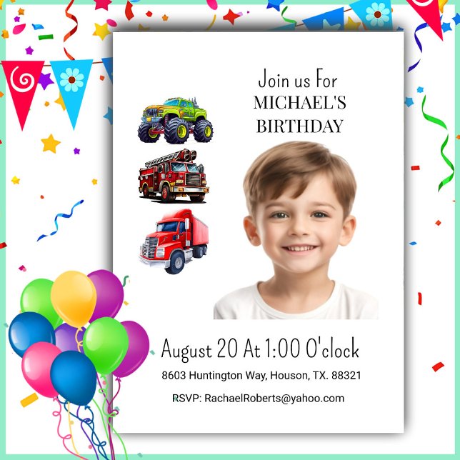 Foto Lastbil Boy Birthday-inbjudan Inbjudningar (Skapare uppladdad)