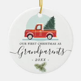 Foto lastbil på morföräldrar i första jul, Vintage Julgransprydnad Keramik