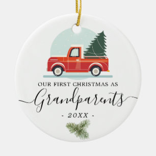 Foto lastbil på morföräldrar i första jul, Vintage Julgransprydnad Keramik