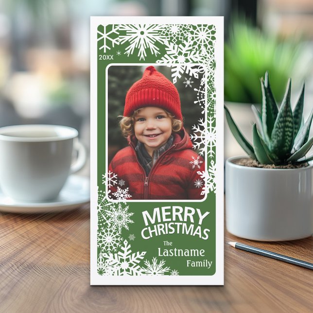 Foto - Låt det snöa - grönt, vitt snöflingor Julkort (Classic Christmas Photo Card)