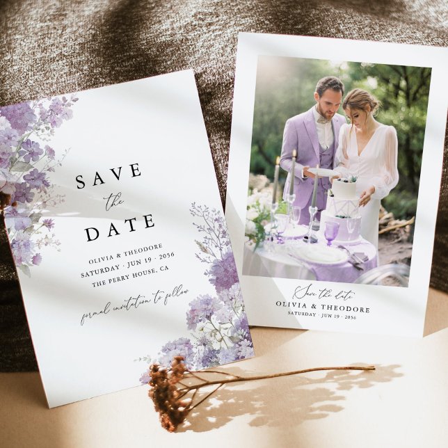 Foto Lavendel Blommig Elegant Bröllop Spara Datumet (Lavender photo save the date card with romantic wedding photo, elegant lilac floral stationery)