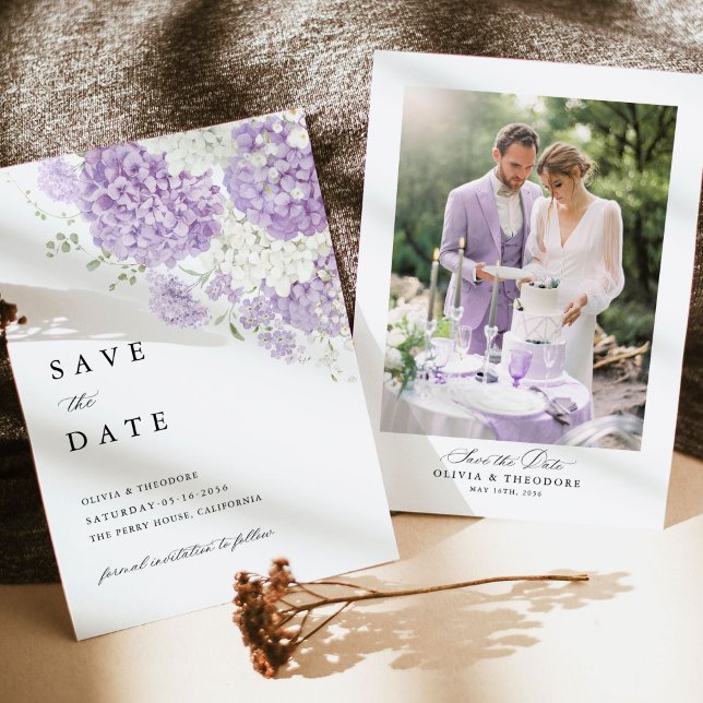 Foto Lavendel Syren Vit Blommig Bröllop Spara Datumet (Lavender white photo save the date card with hydrangea floral, lilac romantic wedding stationery)