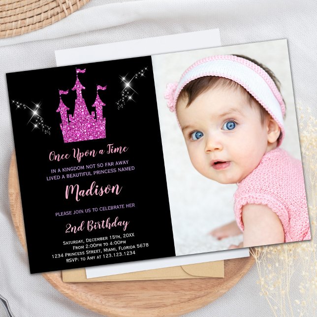 Foto Lila Glitter Princess Birthday bjudande Inbjudningar (Photo Purple Glitter Princess Birthday Invitation)