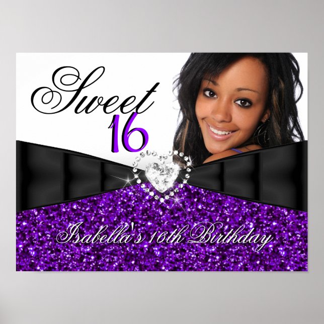 Foto Lila Glitter Sweet 16 16-årsdag Banner Poster (Framsidan)
