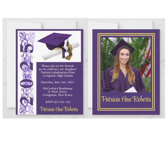 Foto, Lila och Guld Studenten Inbjudningar (Graduation invitations with photos and a cap and diploma design!)