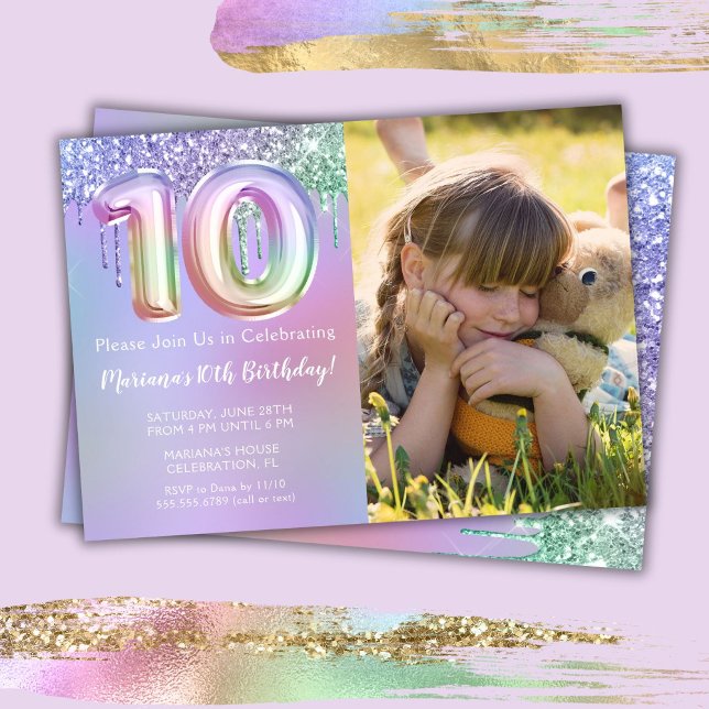 Foto Lila Rosa Glitter 10-års Födelsedagsfest Inbjudningar (Skapare uppladdad)