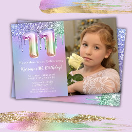 Foto lila rosa glitter 11-års födelsedagsfest inbjudningar